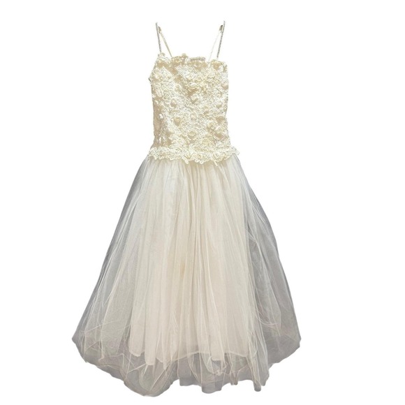 Junior Bride Flower Girl Dress Lace Tulle Rhinestone Straps Ivory Vintage Y2K - Picture 2 of 5